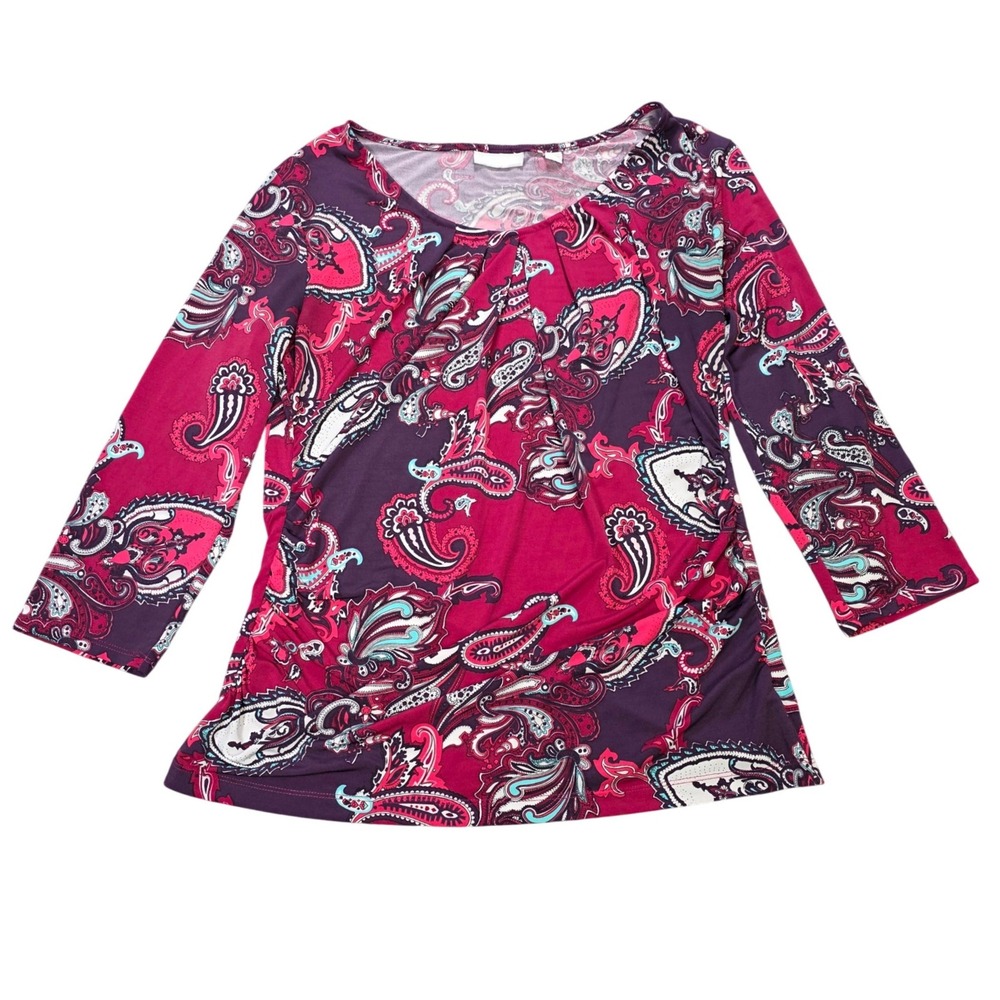 New York & Company Blouse Women's Size L Pink Paisley 3/4 Sleeve Pleated Stretch